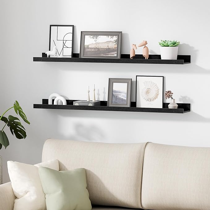 upsimples Floating Shelves for Wall, 35.5 Inch Shelves for Decor Storage Set of 6, Wall Mounted Wood Shelf for Bedroom, Living Room, Bathroom, Kitchen, Long Picture Ledge Shelves, Black