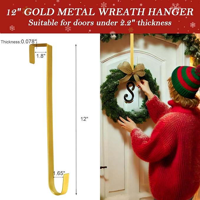 12" Metal Wreath Hanger for Front Door, Tools-Free Wreath Hanger Heavy Duty, Over-the-Door Hooks for Hanging Welcome Sign, Wreath Holder for Easter, Halloween, Fall, Christmas Decorations(Gold)