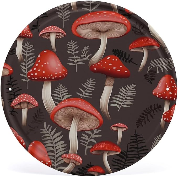 Wall Picture, with Red Mushrooms Printed Circular Iron Hanging Picture,Wall Art Decor,Home for Bedroom Living Room Bathroom Decor,Iron Painting 11.8X11.8 in