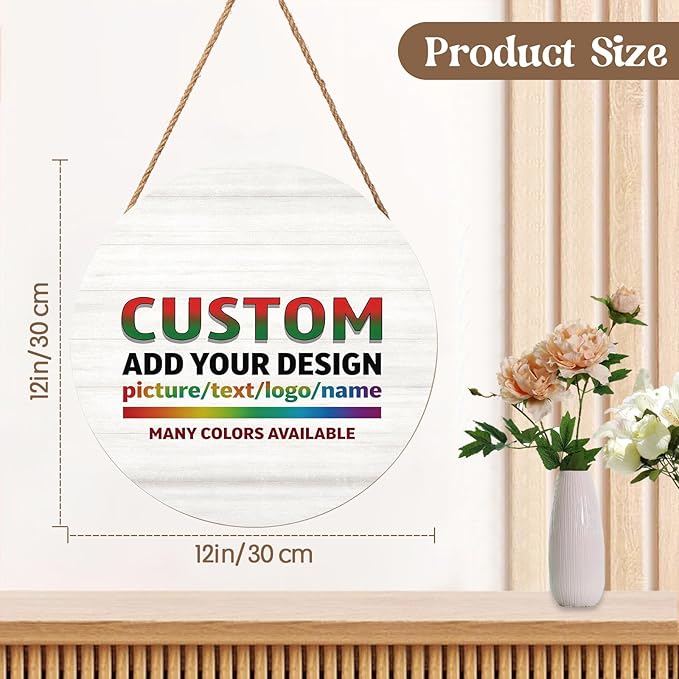Personalized Wooden Hanging Sign 12x12 Inch Customized Name Plaque Board with Text Wreath Sign for Front Door Decor Farmhouse Wood Wreath Indoor Wall Hanging Decoration