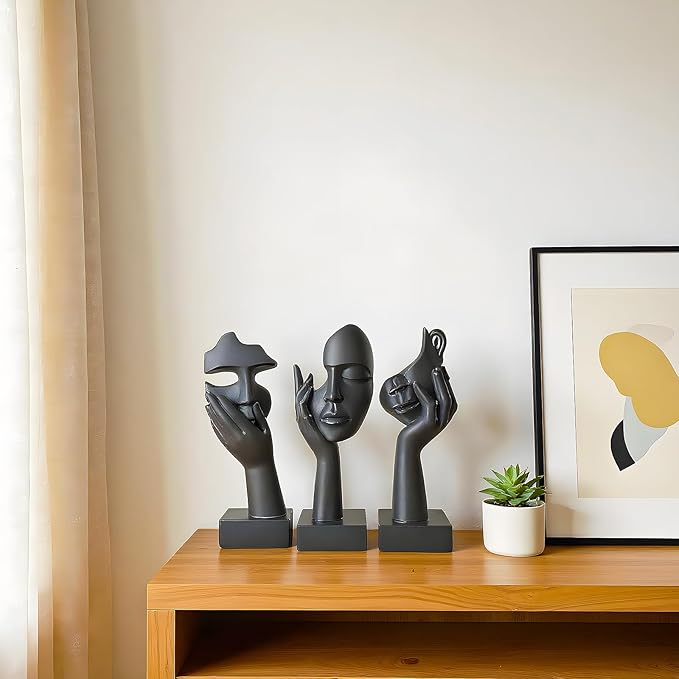 aboxoo 3 Pcs Thinker Statue, No Hear No See No Speak Modern Resin Sculptures Decor, Silence is Gold Abstract Art Figurines for Living Room, Home, Office Study (Black)