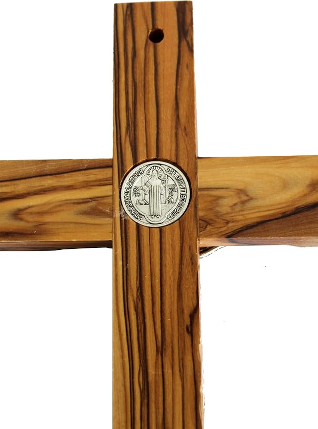 Holy Land Market Saint Benedict Wall Crucifix - Handmade Silver Tone Corpus, 6 Inch Wall Cross, St. Benedict Decor
