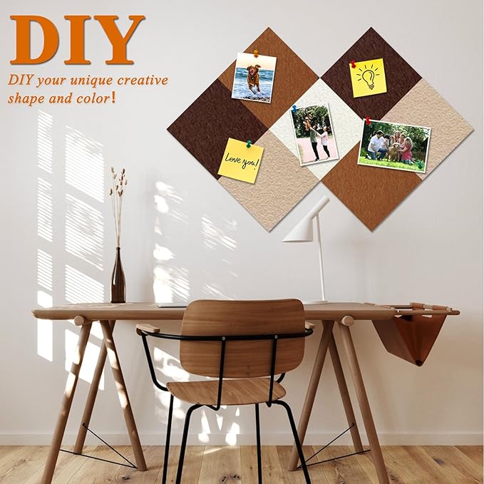 Square Felt Cork Bulletin Board Tiles, Self Adhesive DIY Felt Pin Board for Wall 30" x 20" with 35 Pushpins for Office School Home Wall Decor Stickers Memos Photos Display (Gradual Brown)