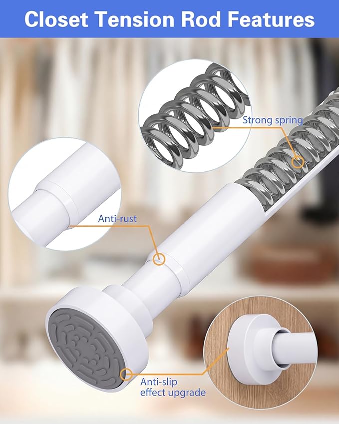 No Drilling Closet Rods for Hanging Clothes, Non Slip Tension Rod with Heavy Duty Clothes Hanging Rod, 17-28 Inches Adjustable Spring Closet Rod for Closet Wardrobe Bathroom Laundry RV, White