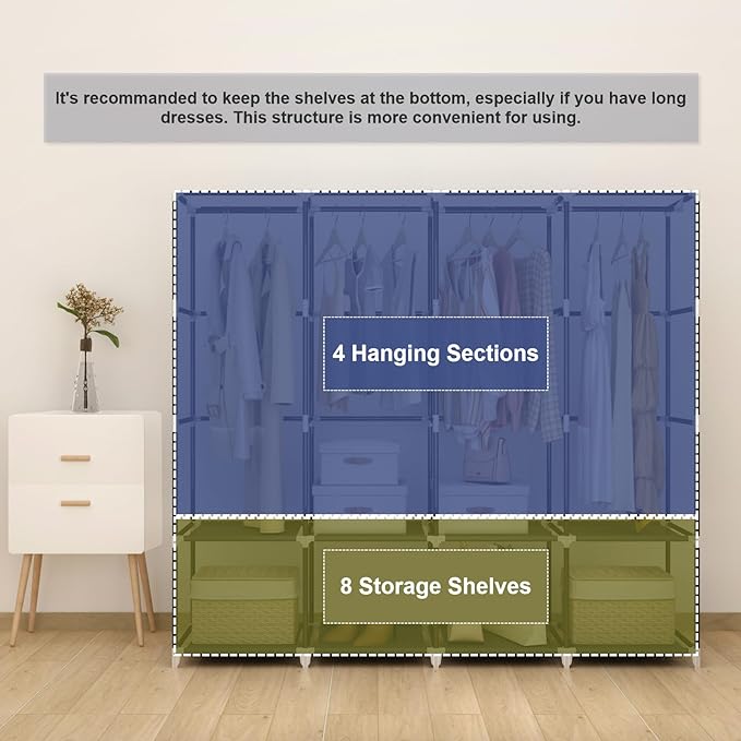 Portable Closet Wardrobe, 67-Inch Clothes Organizer with 4 Hanging Rods and 8 Shelves, Non-Woven Fabric Cover, Large Capacity Storage for Bedroom and Living Room, Grey
