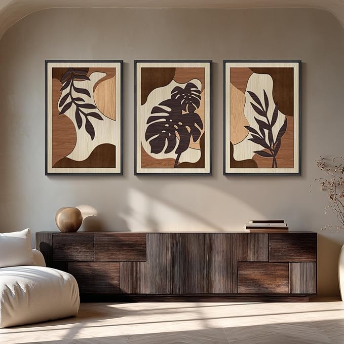 Framed 3D Wood Wall Art Decor for Living Room, 3 Piece Large Boho Tropical Textured Artwork for Walls, Botanical Wooden Wall Art for Dining Room Hallway Bedroom, 24x36 Inch