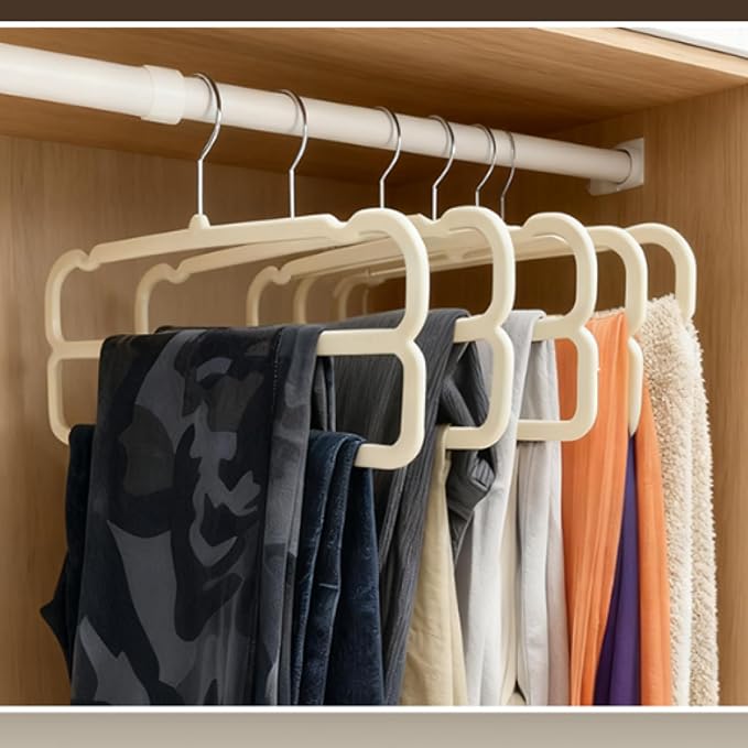 VSV stoage Velvet Pants Hangers with Double Non Slip Bar - Multiple Velvet Hangers for Closet - Thin Space Saving Clothes Hanger - 360° Swivel Felt Trouser Hanger Perchas Terciopelo 10 Pack (Beige)