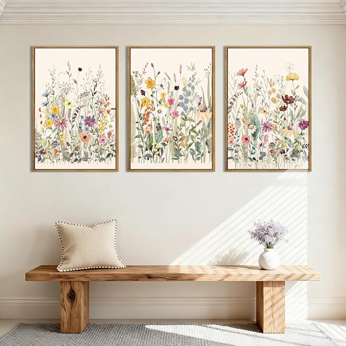 BINCUE Wildflower Wall Art Large Floral Wall Painting Neutral Print Pictures Framed Flower Wall Decor Wildflower Artwork Flowers Pictures Floral Art Prints for Living Room Bedroom Bathroom Farmhouse 24x36 Inches Set of 3 Gift
