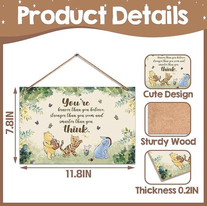 Hatzelou 1PCS Winnie Quotes Baby Shower Sign, the Pooh Wall Hanging Sign, You're Braver Than You Believe Wall Gifts, Perfect for Nursery Home Bedroom, Baby Shower Party Supplies