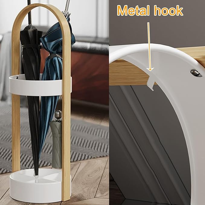 Metal Round Umbrella Stand Rack with Water Collection Tray, Solid Wood Umbrella Holder with Multiple Hooks, Canes Storage Stand Rack for Office, Home, Entryway(Black)