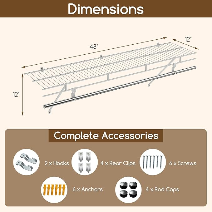 COSTWAY Closet Shelves Wall Mounted, Closet Shelf with Hanging Rod, Ventilated Metal Wire Shelving Kit, Wire Wall Shelf for Laundry Room, Bedroom, Home, Mounting Accessories Included (4 ft x 12 in)