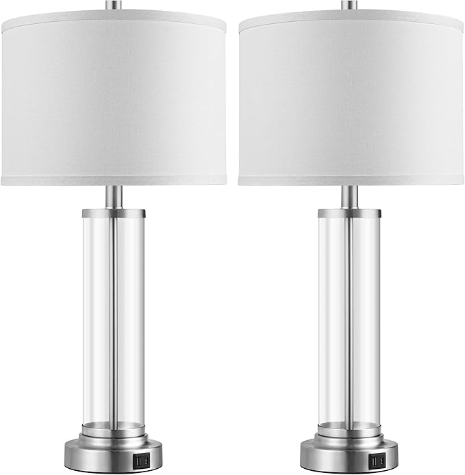 QiMH Touch Control Table Lamps Set of 2 with USB A+C Ports, 3-Way Dimmable Bedside Lamp for Living Room Bedroom House, Modern Nightstand Lamp with 2 LED Bulbs