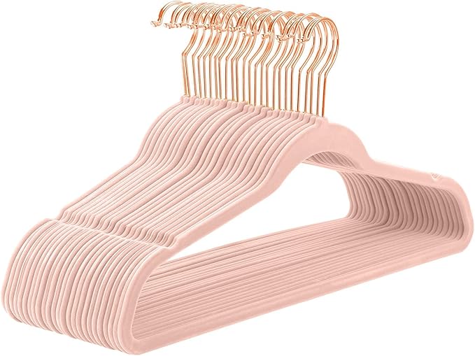 MIZGI Premium Velvet Hangers (50 Pack) Heavy Duty - Non Slip Felt Hangers - Blush Pink - Rose Gold 360 Degree Swivel Hooks,Space Saving Clothes Hanger,Durable Strong Hanger for Suits,Coats,Dress