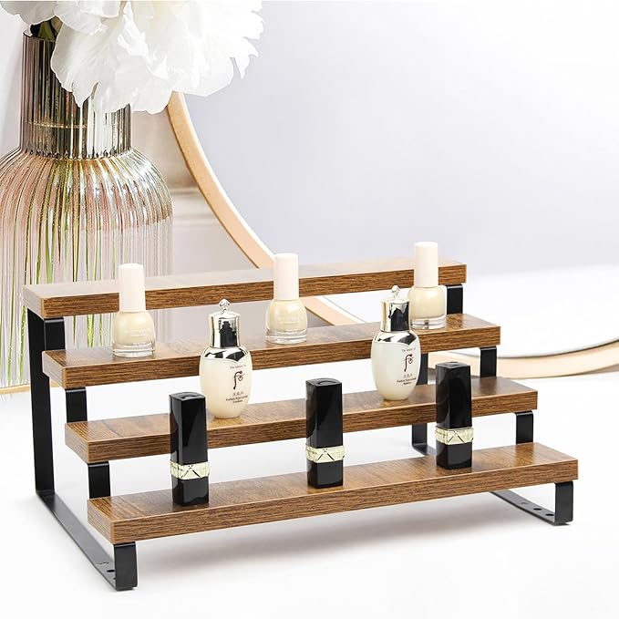 BYCY Wooden Display Risers, 4-Tier Display Stand for Home Decor and Organize, Tiered Countertop Display Shelf for Figures , Makeup,Cupcake , Condiment and Dolls Collection (4 Tier-2.2in)