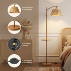 Oneach 63.5" Floor Lamp with Table for Living Room, Boho Rattan Standing Lamps with Foot Switch, Farmhouse Floor Lamp for Bedroom, Arc Tall Lamp with Metal Base&Pole, Bulb not Included, Woodgrain