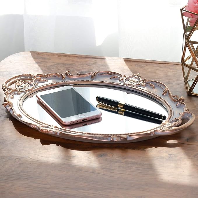 Polyresin Ellipse Antique Decorative Mirror Tray, Makeup Organizer, Jewelry Organizer, Serving Tray, 9.8”x 14.6”, Golden Gray