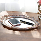 Polyresin Ellipse Antique Decorative Mirror Tray, Makeup Organizer, Jewelry Organizer, Serving Tray, 9.8”x 14.6”, Golden Gray
