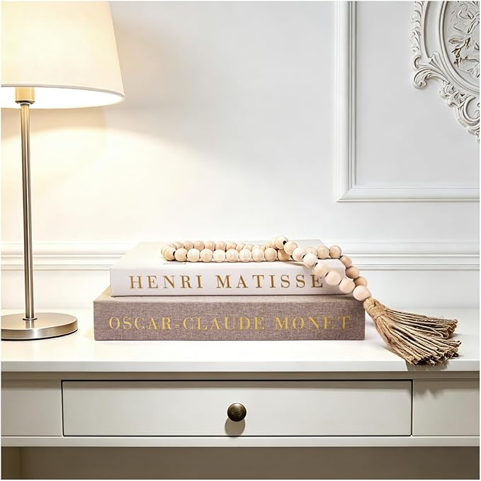 Decorative Books for Home Decor, Coffee Table Decor with Linen White Books Stack Bookshelf, Fake Book Double as Libros Decorativos and Photo Storage (3 Piece Set with Beads)