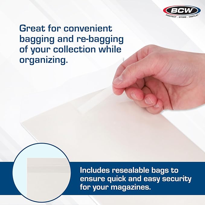 BCW Magazine Bags and Boards – (50 Pack) | Premade Resealable Magazine Protectors | Standard Size 8 ¾" x 11 ⅛" | Magazine Sleeves and Boards Pre-Loaded for Storage and Display