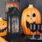 Eldnacele Halloween Ghost Projection Snow Globe Lantern with 6-Hour Timer, Lighted Plug-in & Battery Operated Water Glittering Snowing Globe Lamp for Spooky Fall Halloween Indoor Decoration(Skeleton)