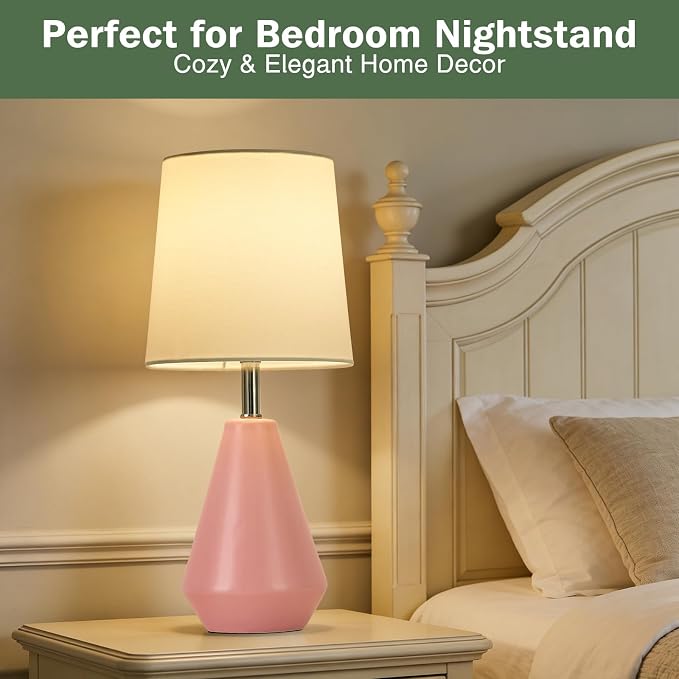 Small Bedside Table Lamp for Bedroom - Reading Desk Lamp with 3 Color Temperatures，15.5" Nightstand Ceramic Lamp with Fabric Shade for Kids Room,Living Room,Dorm,Home Office (Pink+White)