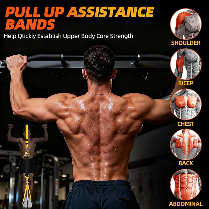 Pull Up Assistance Bands - Adjustable Heavy Duty Resistance Band for Pull Up Bar with 4 Assist Bands, Dual Footrests, Resistance Bands for Ｗorking Out, Strength Training, Home Gym