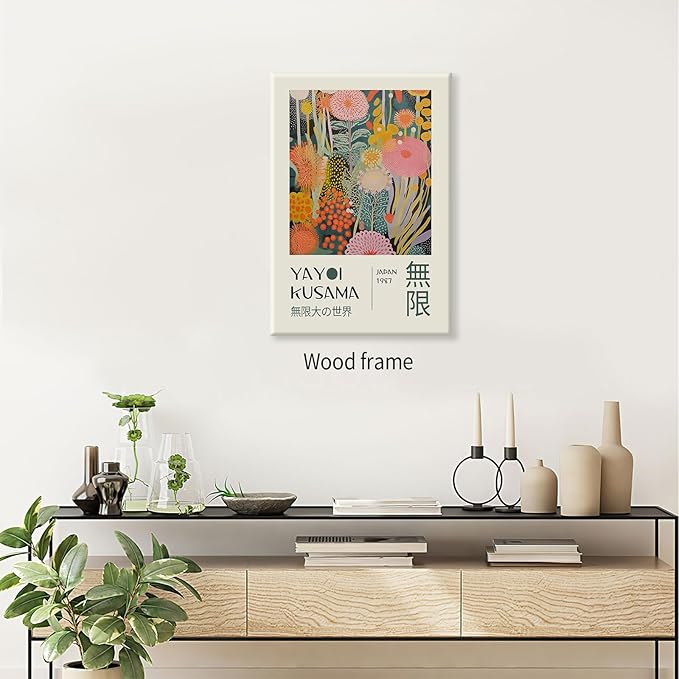 Abstract Yayoi Kusama Posters Japanese Wall Art Vintage Tokyo Aesthetic Prints Yayoi Kusama Inspired Japanese Gallery Wall Art for Stylish Room Bedroom Living Room Decor 12x16in Framed