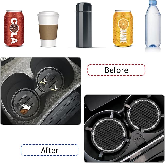 Car Coasters, 4 Pack Universal Vehicle Bling Car Coaster, COCASES Crystal Rhinestone Coaster for Cup Holders, Car Interior Accessories 2.75'' Silicone Anti Slip Car Coasters for Women (Black)