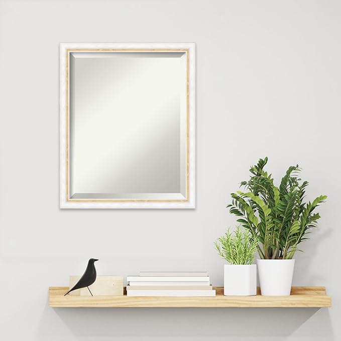 Amanti Art White Wall Mirror 22x18 Morgan White Gold Rectangle Bathroom Mirror for Wall Decor Living Room, Small Modern Wood Frame, Hangs Horizonally and Vertically, Bathroom Decor, Beveled Edge