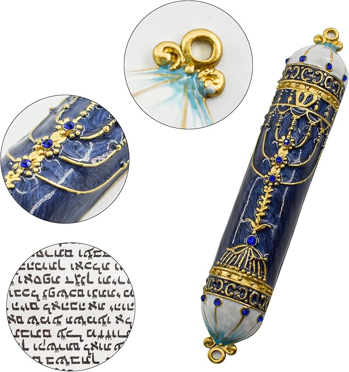 Mezuzah with Scroll for Door, Enamel&Zinc Alloy Blessing Mezuzah Case for Door, Colored Painted Mezuzha Scroll Kosher for Jewish Gifts/Jewish Decor, Christmas (Blue, 5 * 0.86 in)