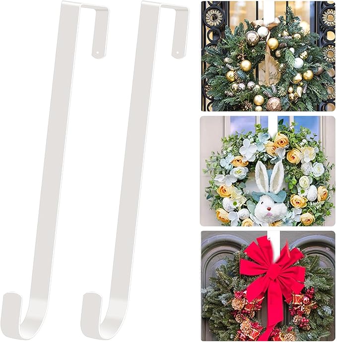 ESFUN Black Wreath Hanger for Front Door, Metal Wreath Hooks Holder Over The Door Wreath Hanger for Hanging Christmas Decorations Xmas Decor (2 Pack-White, 12 Inch)