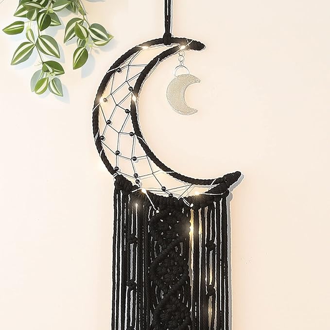 Black Macrame Moon Dream Catcher, Witchy Crescent Phase Woven Wall Hanging with Light, Handmade Gothic Bohemian Nursery Decor with Star Decoration for Home Bedroom, for Girl Kids