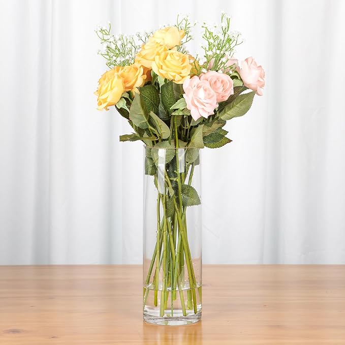 WGVI Quality Thick Weighted Clear Cylinder Glass Vases, 4" W x 12" H, Flower Arrangement Floating Candle Holders Wedding Centerpiece Terrarium Planter Floral Storage Container, Bulk Wholesale, 12 Pcs
