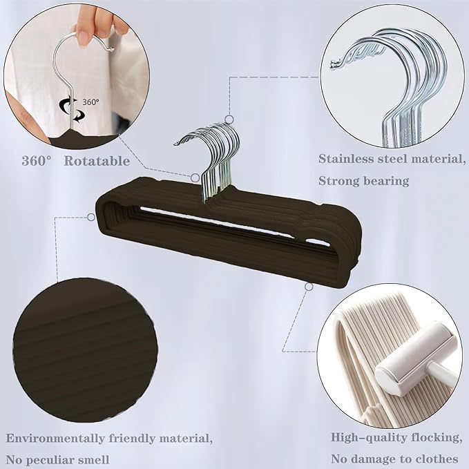 Pants Hangers Non Slip - 20 Pack Velvet Hangers for Closet - Thin Space Saving Clothes Hanger - Strong, Durable, Perchas Terciopelo with 360° Rotatable Hook for Jean, Tank Top, Bra, Shorts (Black)