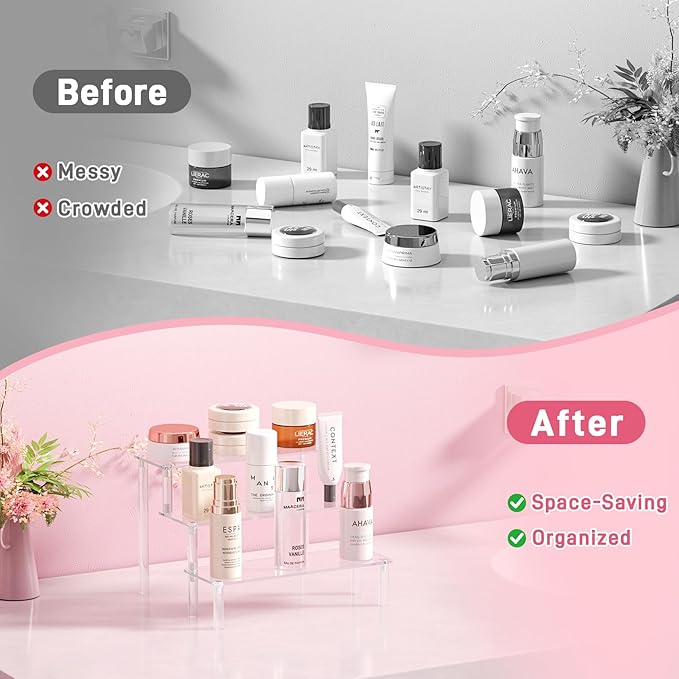 2 Packs Acrylic Display Stand Riser,3 Tier Perfume Organizer Cupcake Stand Acrylic Pop Shelves Holder,Clear Desk Display Shelf for Figure,Trinket,Collectibles,Dessert Tray Stands for Party Decor-7.9in