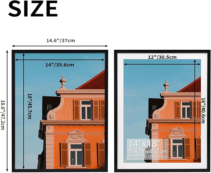 Rempry 14x18 Picture Frame, Display Pictures 12x16 with Mat or 14x18 Without Mat, Wall Hanging or Tabletop Photo Frame with Shatter Resistant Plexiglass, Black, 1 Pack