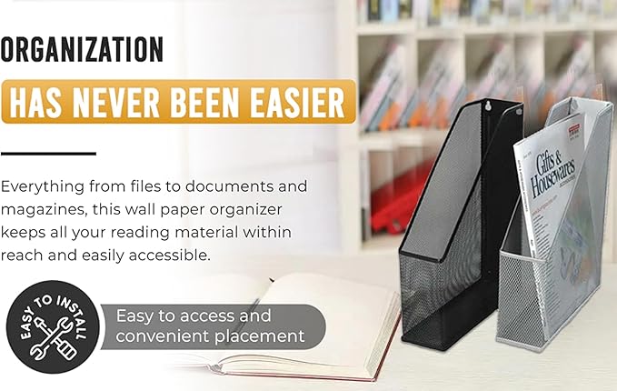 YBM HOME Steel Mesh Wall Magazine File Holder for Home & Office Organization, Serves as a Magazine Rack, Desk Organizer, Letter and Mail Bin, Holds Up to 20 Magazines - 2-Pack Silver, 1111-2