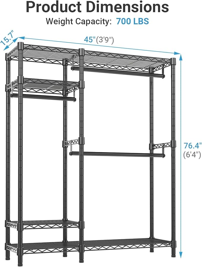 VIPEK V2 Heavy Duty Clothes Rack, Portable Metal Clothing Racks with 4 Tiers Adjustable Wire Shelving & 3 Hanging Rods, Freestanding Wardrobe Portable Closet Rack, Max Load 700LBS, Black