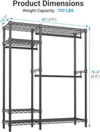 VIPEK V2 Heavy Duty Clothes Rack, Portable Metal Clothing Racks with 4 Tiers Adjustable Wire Shelving & 3 Hanging Rods, Freestanding Wardrobe Portable Closet Rack, Max Load 700LBS, Black