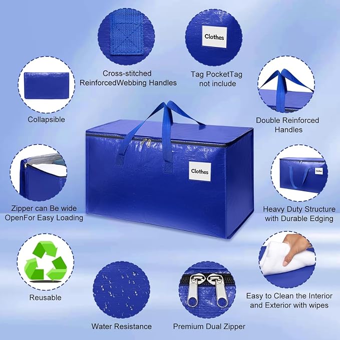 Moving Bags with Zipper - Extra Large Space Saving Totes for Storage, Heavy-Duty Tool Bag with Carrying Handles, Ideal for Camping & Travel, Tag Pocket Included