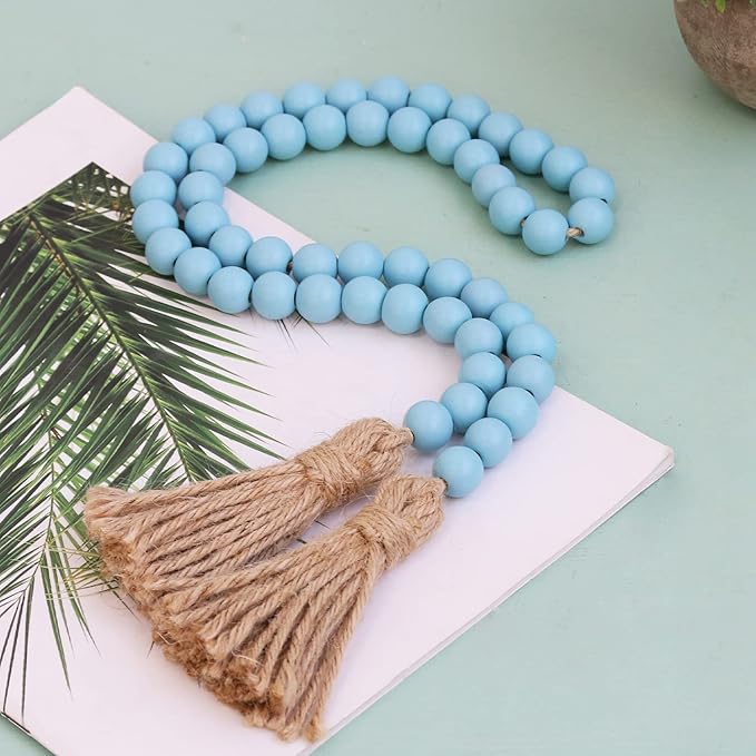 Meplait 39in Wood Bead Garland Farmhouse with Tassels,Versatile Prayer Beads Boho Chic Wall Hanging Home Decor (Blue)