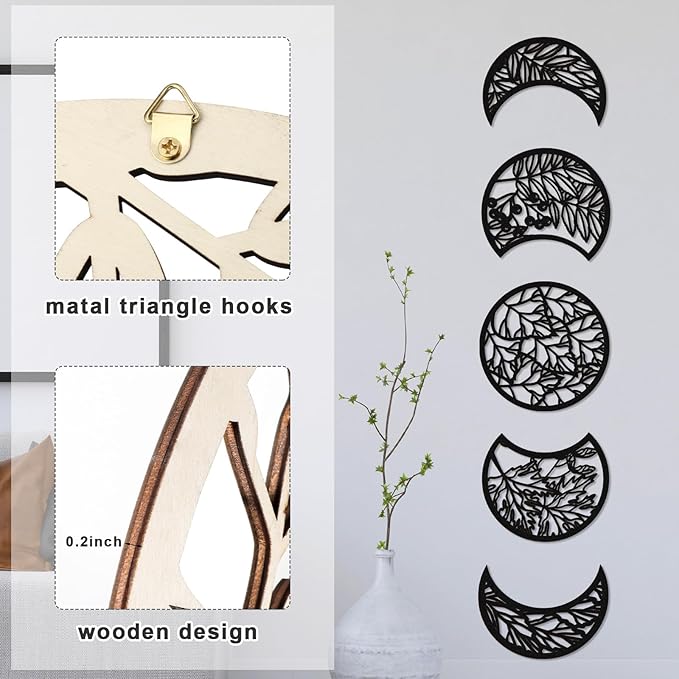 Jetec 5 Pcs Moon Phase Wall Art Decor Wall Pediments Hanging Wooden Phase Spiritual Bedroom Nordic Boho Lunar Aesthetic Art for Living Room Dorm Apartment Ornament(Dark Black,15.75 Inch,Botanical)