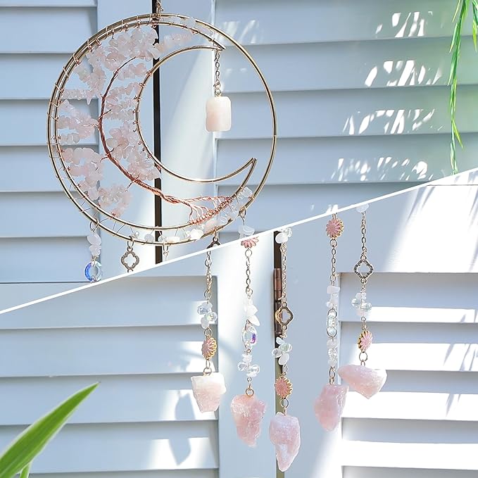 Dream Catchers Tree of Life Dream Catcher Rose Quartz Dreamcatcher Wall Decor with Healing Crystal Stone Dream Catcher Crystals for Windows for Bedroom Home Decor Birthday Garden-Pink