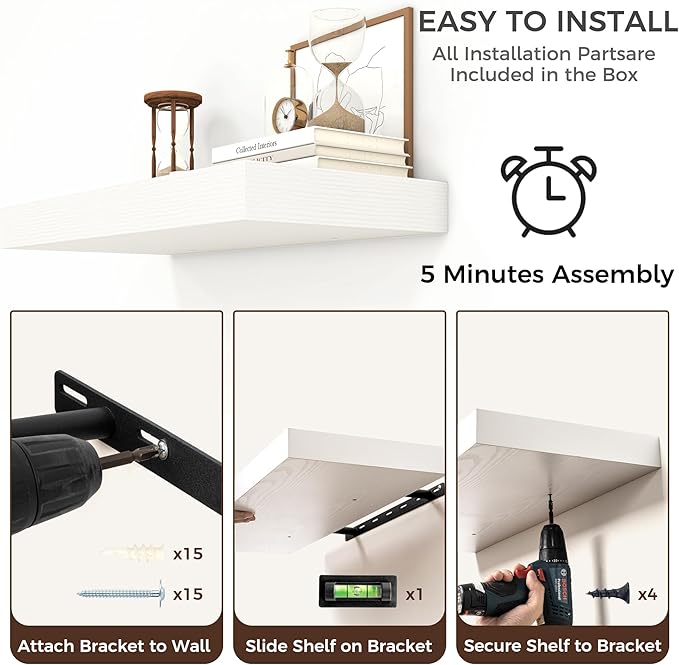 Venusmiles Floating Shelves for Wall, 72 Inch Wide x 12 Inch Deep Floating Shelves, Long Wood Floating Wall Shelf Shelves for Living Room Bathroom Bedroom Kitchen Home - (White, 72" W x 12" D x 2" H)