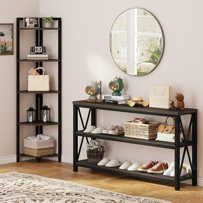 FATORRI Rustic Tall Corner Shelf, 5 Tier Industrial Corner Bookshelf for Living Room, Dark Wood and Metal Corner Plant Stand for Home Office (Walnut Brown)