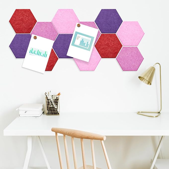 Mindsoft 16 Pcs Hexagon Cork Board for Walls with 50 Wooden Push Pins 6.7 x 5.9 in Felt DIY Tiles Notice with Nano Tape Hanging Bulletin Board for Home Photo Office Memo Note (Gradual Purple)