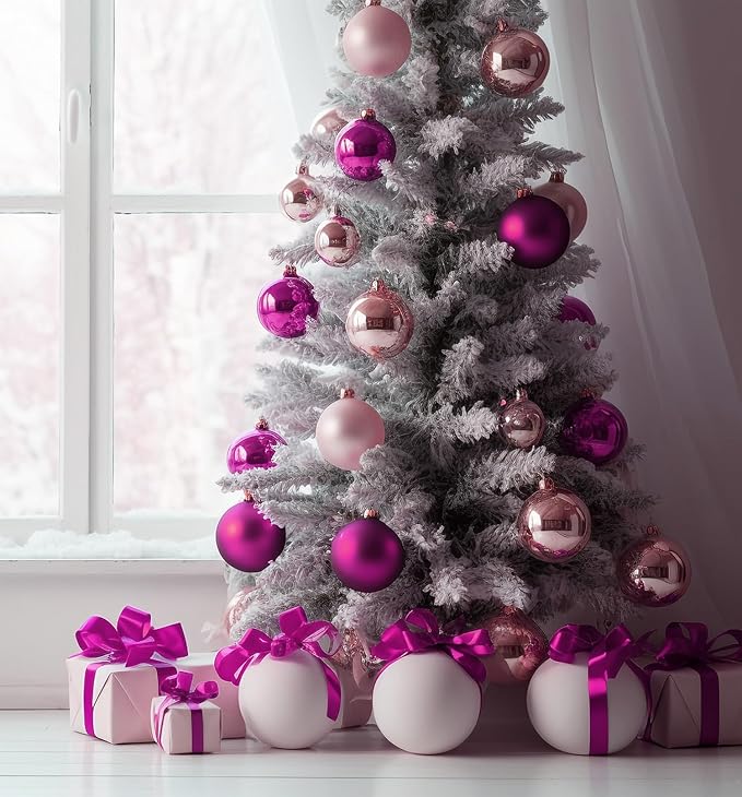 Emopeak 12Pcs Christmas Balls Ornaments for Xmas Christmas Tree - 4 Style Shatterproof Christmas Tree Decorations Hanging Ball for Holiday Wedding Party Decoration (Rose Red, 3.2"/8CM)