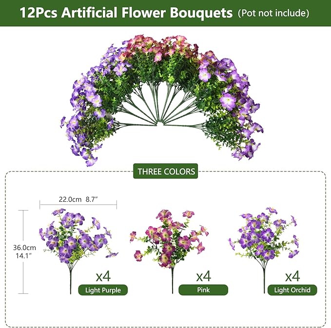 INQCMY Artificial Fake Flowers for Outdoor Spring Decoration,12 Bundles Faux Silk Colorful Morning Glory with Eucalyptus UV Resistant Realistic Fake Plants for Outside Planter Porch Patio Yard Garden
