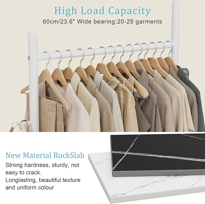 Nianerfaya Coat Rack Freestanding with Rock Base, Standing Garment Storage for Indoor - Coat Tree with 2 Hooks - 25.6" Wide Heavy Duty Clothe Rack Metal Clothing Hanger Rack (White)