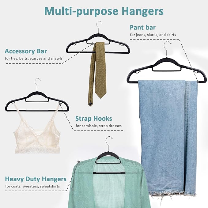 Heavy Duty Plastic Hangers 50 Pack, Space Saving Clothes Hangers, Non-Slip, 0.2 Inches Slim, 360° Swivel Silver Hook for Shirts, Sweaters & Pants, Black and Dark Gray